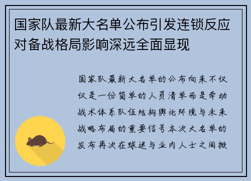 国家队最新大名单公布引发连锁反应对备战格局影响深远全面显现